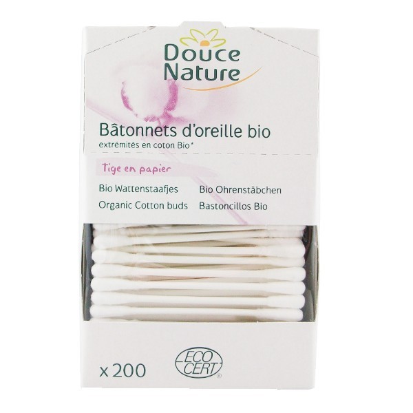 Coton-Tiges Bio - Lot de 200 Bâtonnets d'Oreille Douce Nature - Recyclable