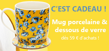 En ce moment, nous vous offrons dès 59€ d'achats, un Mug Porcelaine avec dessous de verre Fleurs Pivoines